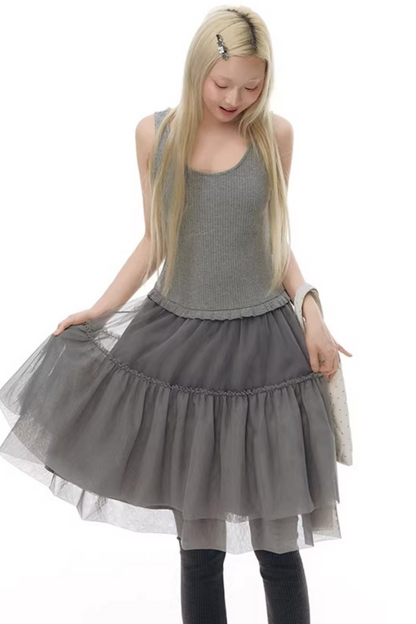 니트 패치워크 베스트 원피스