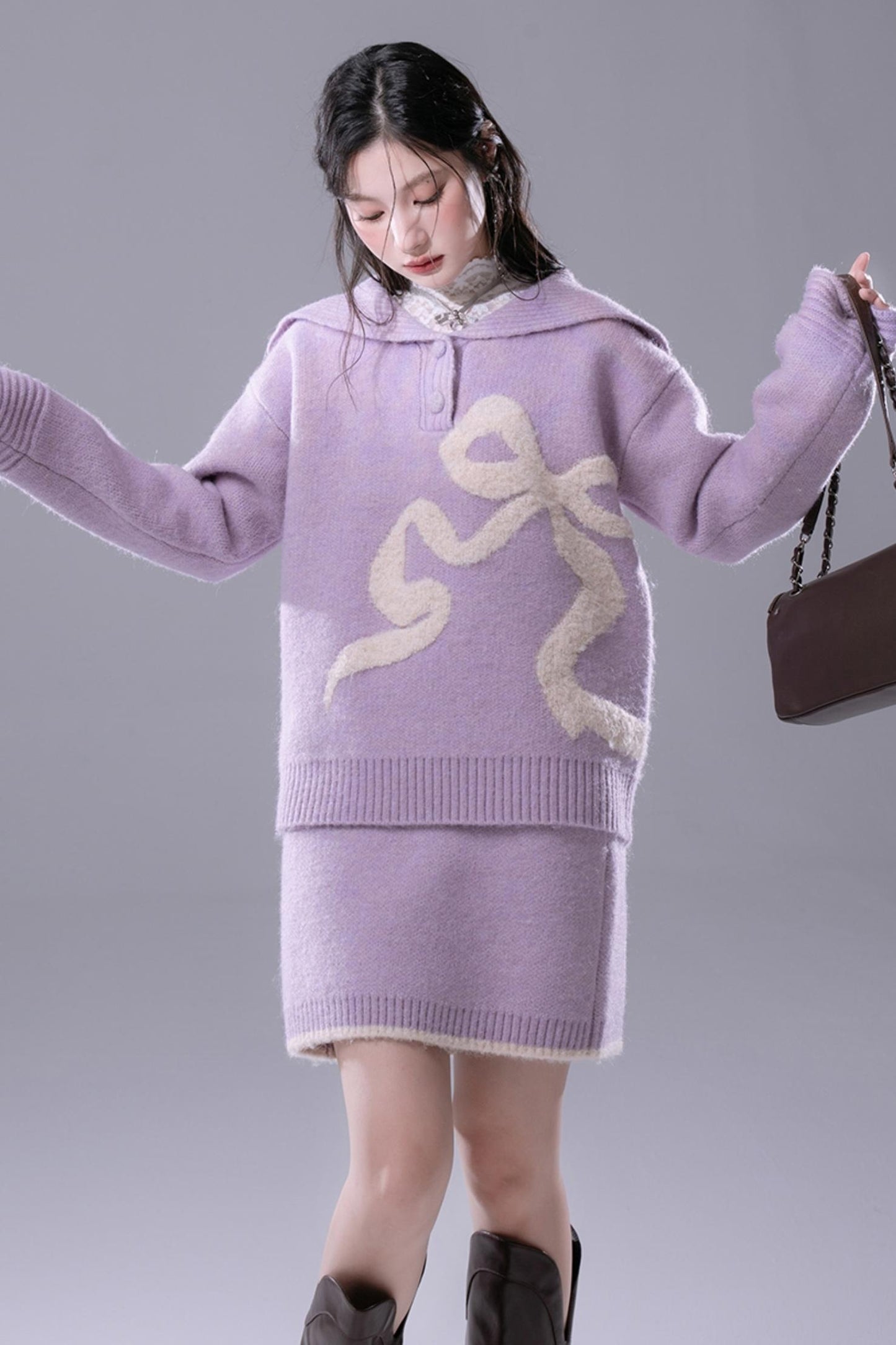 Grape Purple Bow Jacquard Sweater Set-UP