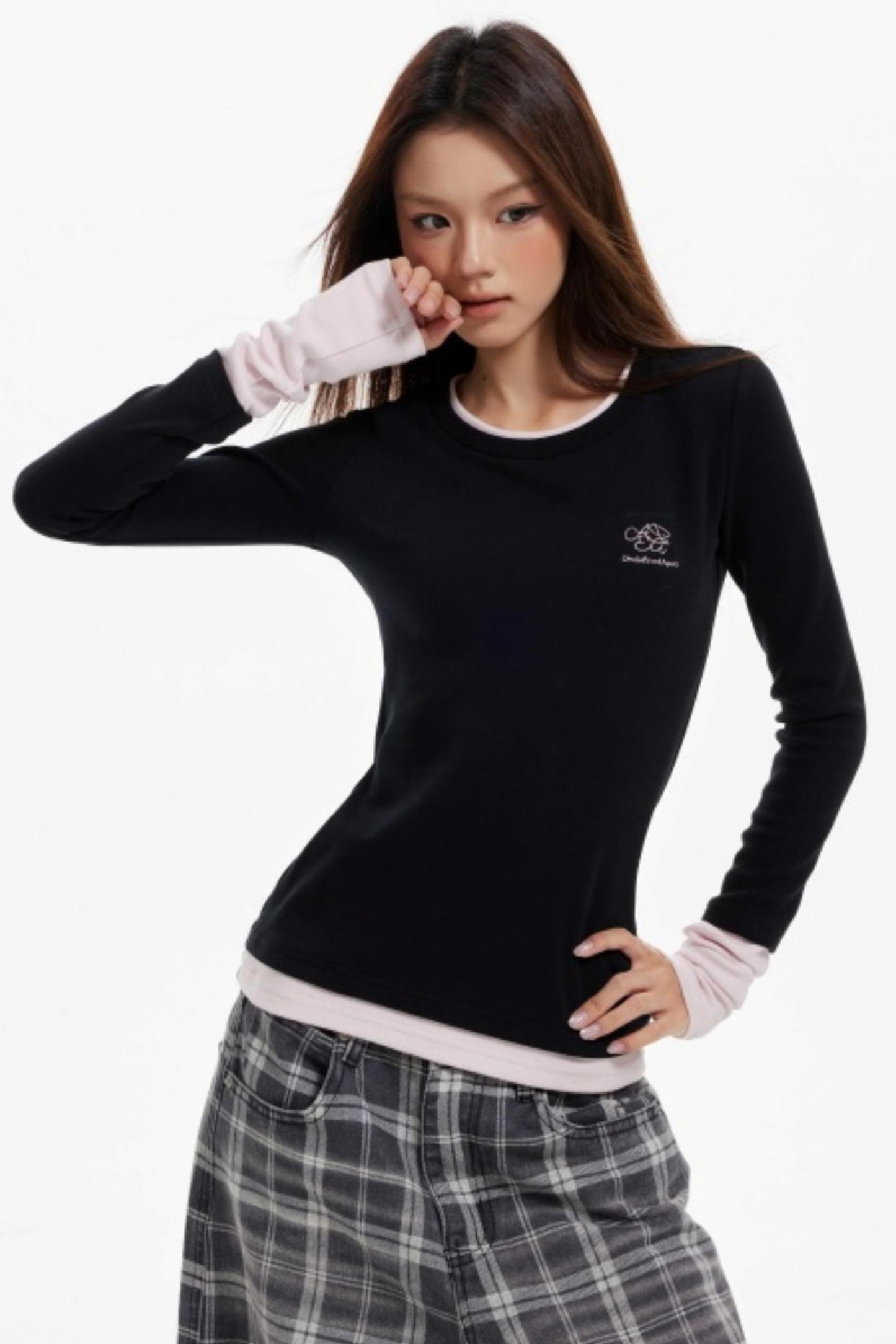 Contrast Fake Two Vintage Long-Sleeve Top