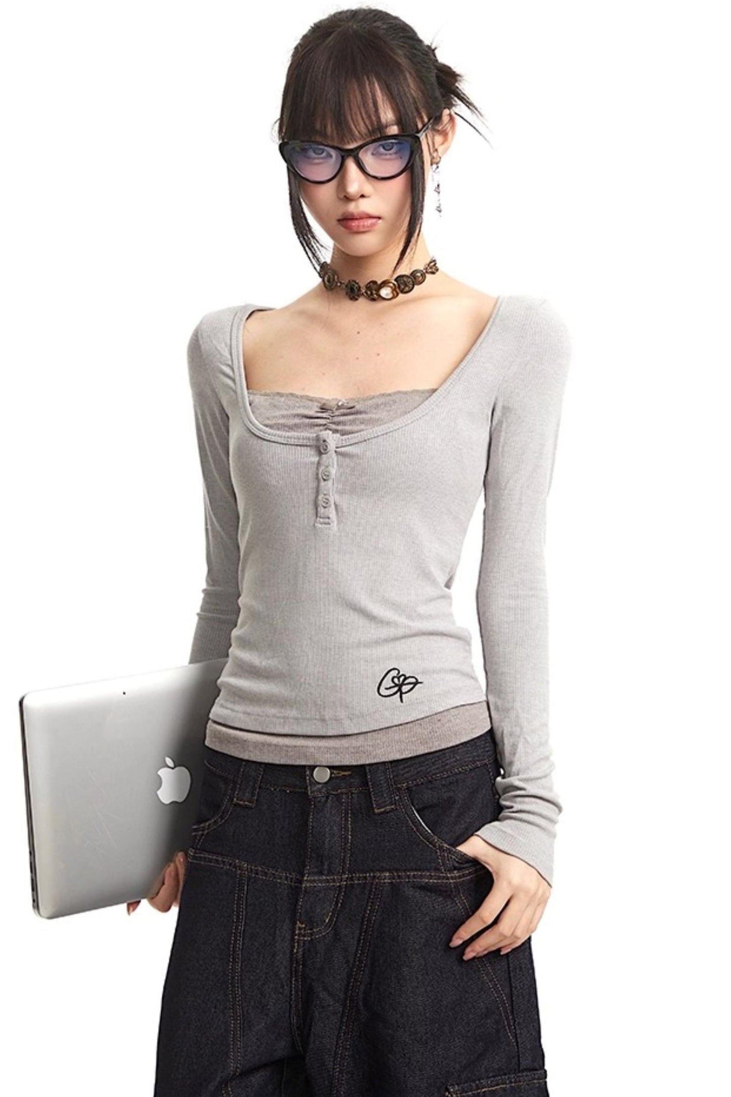 Slim Fit Fake Two-Piece Long Top