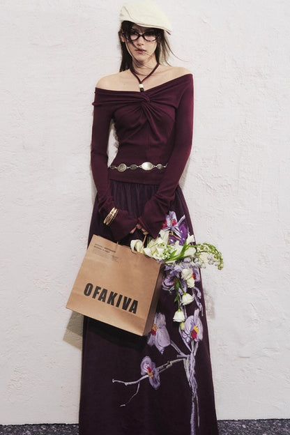 Purple Flower Print Long Skirt