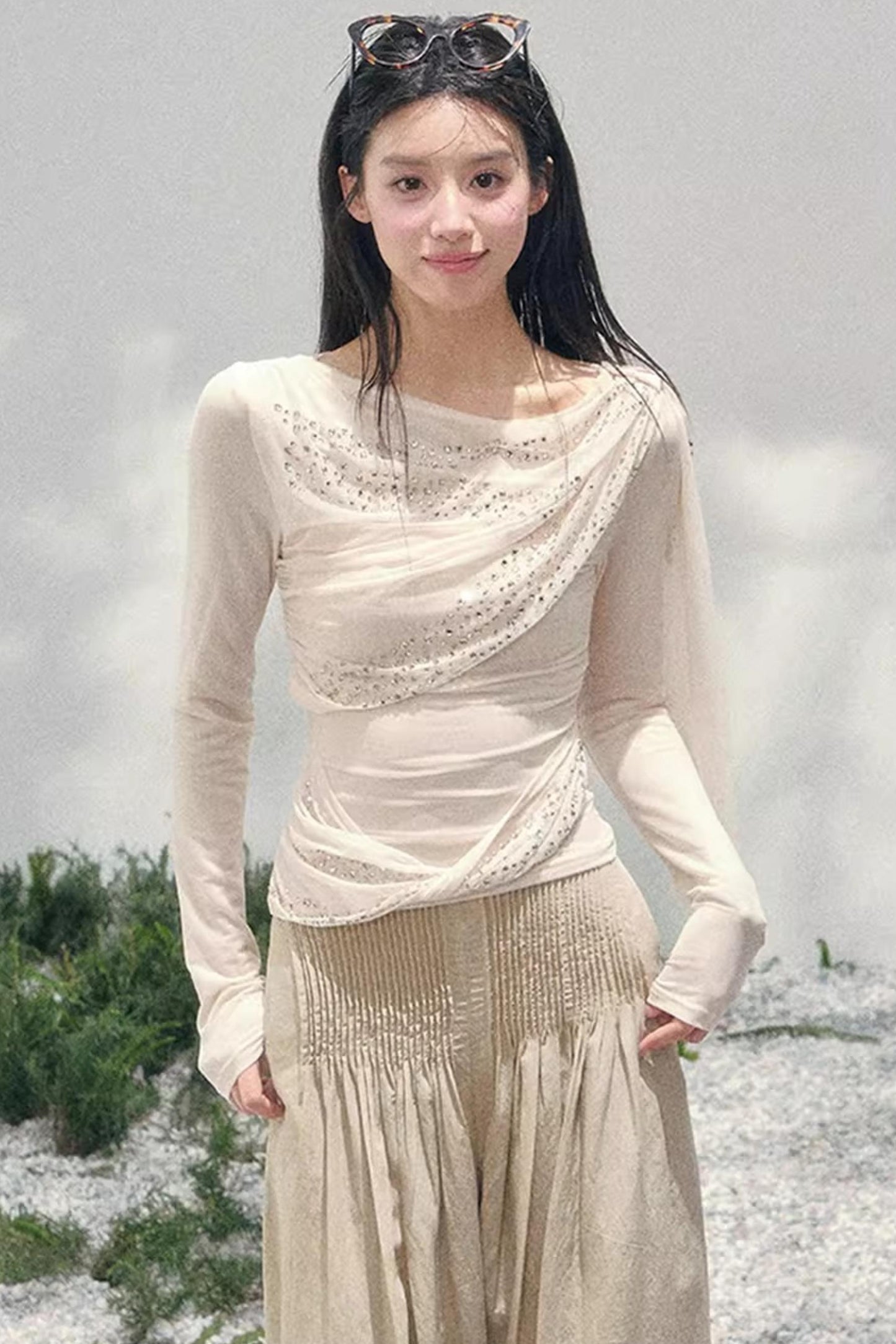 Sheer Rhinestone Slim-Fit Top Set