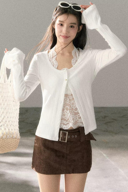 Lace-Detail Micro-Flare Knit Top