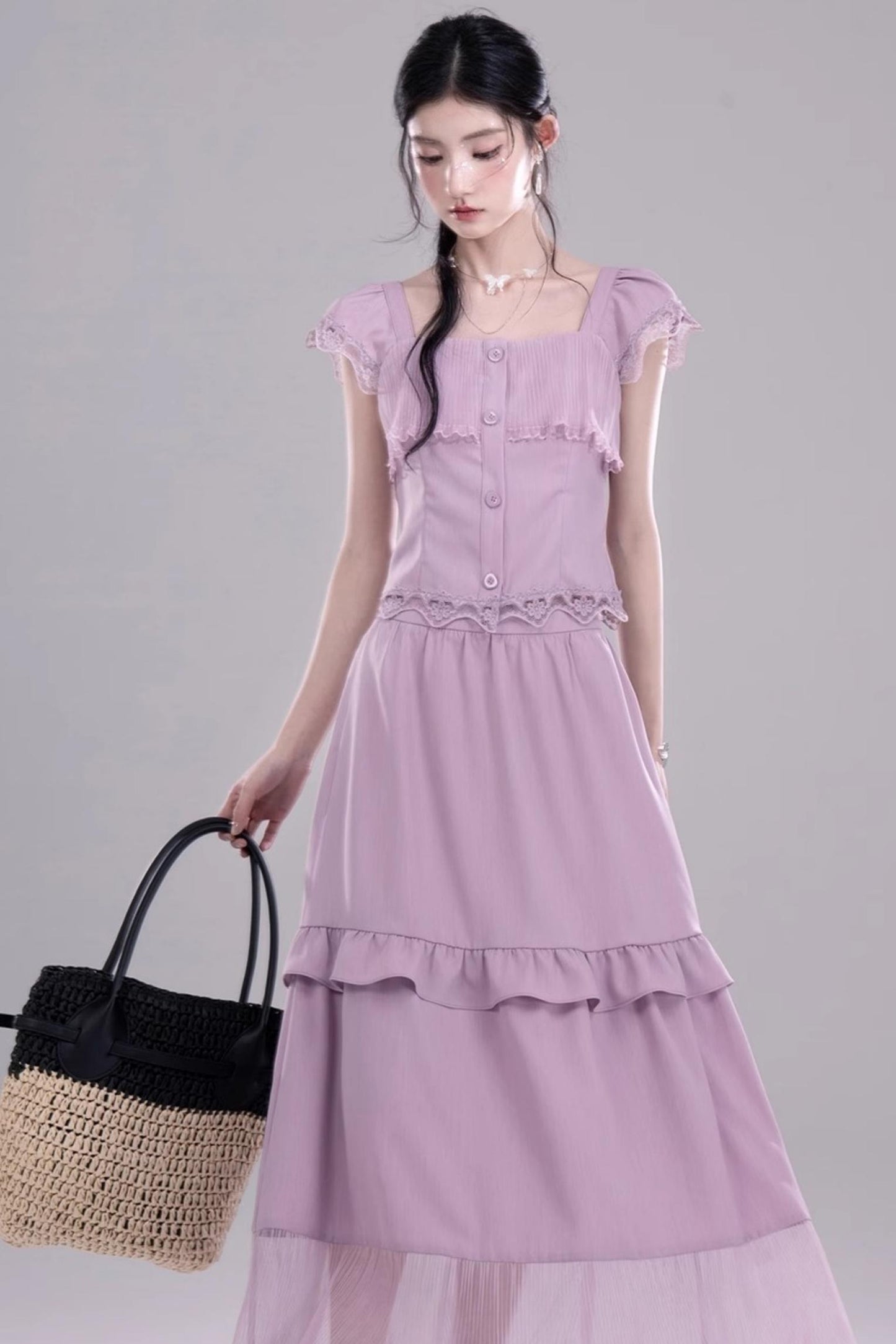 Purple Lace A-Line Skirt Top Set