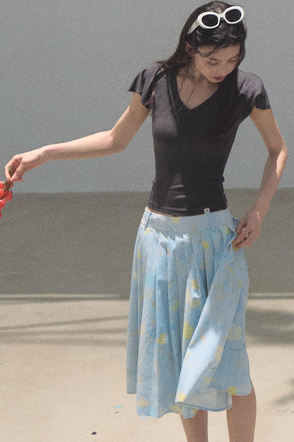 Running Waves Cotton Poplin Pleated Midi Skirt