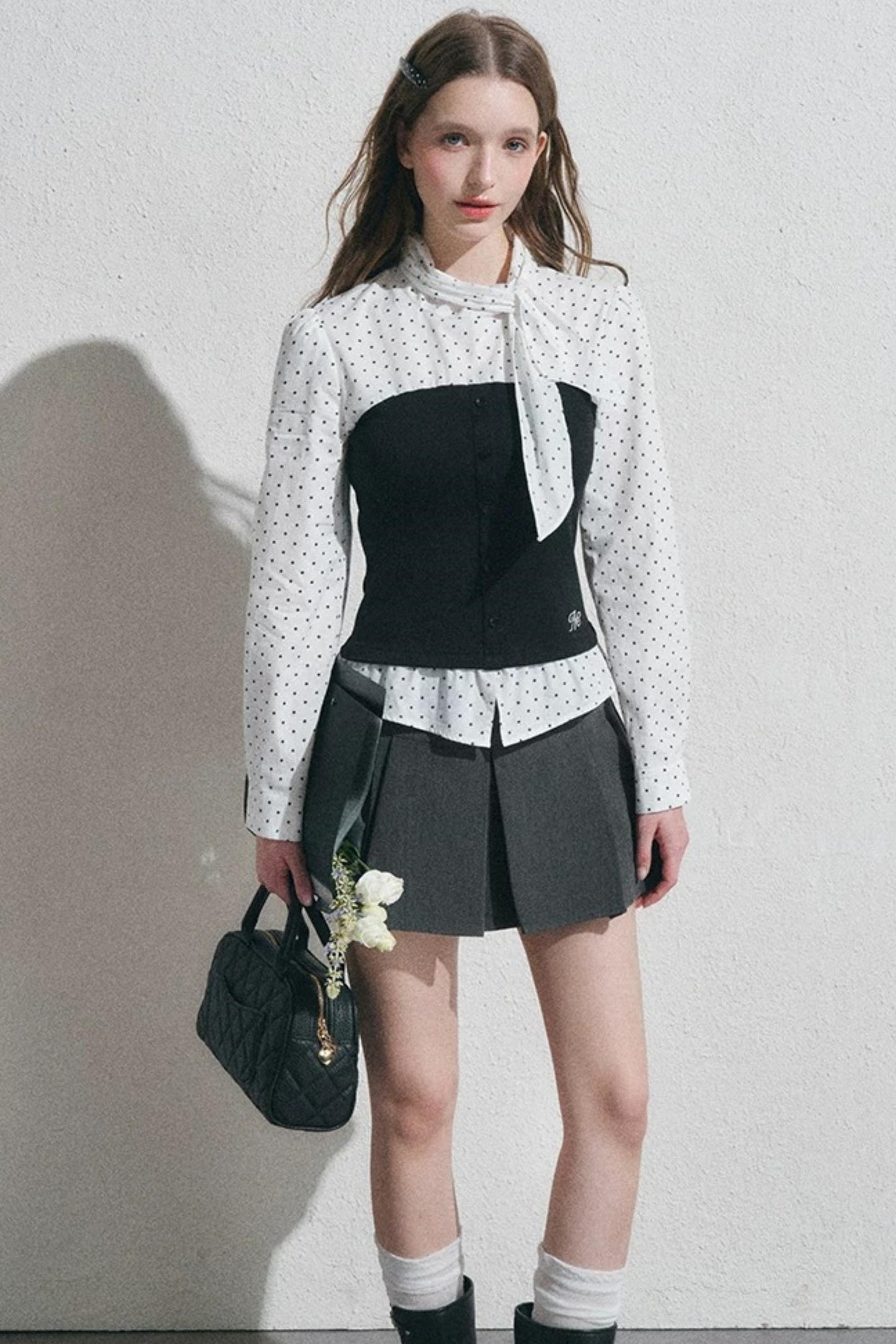 Bow Tie Spliced Shirt and Pleated Mini Skirt Set-Up