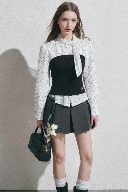 Bow Tie Spliced Shirt and Pleated Mini Skirt Set-Up