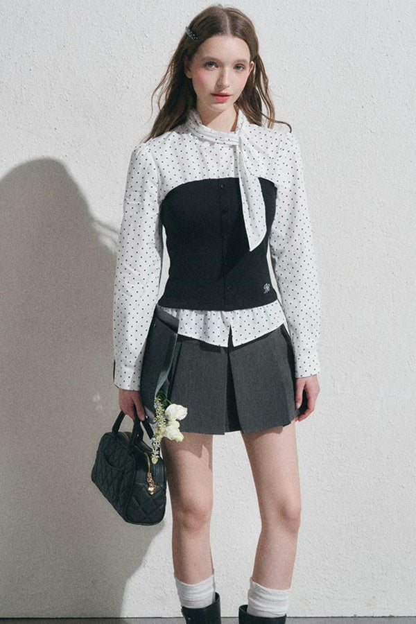 Bow Tie Spliced Shirt and Pleated Mini Skirt Set-Up