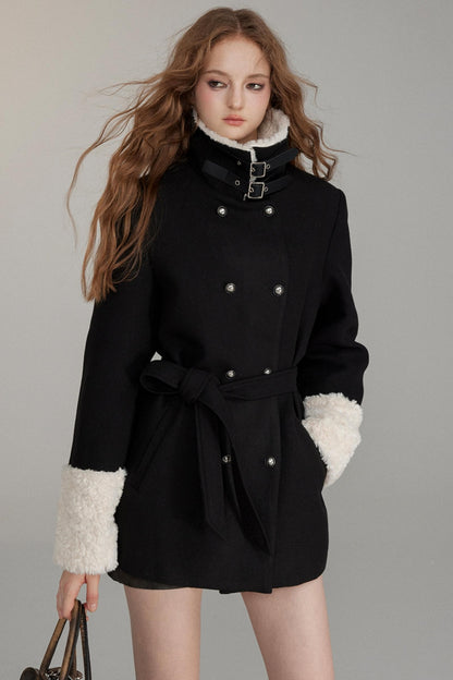 Wool Patchwork Belted Midi Coat