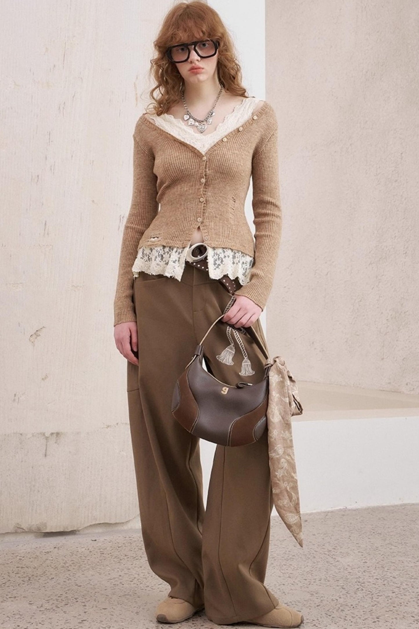 Lace Panel V-Neck Knitted Cardigan