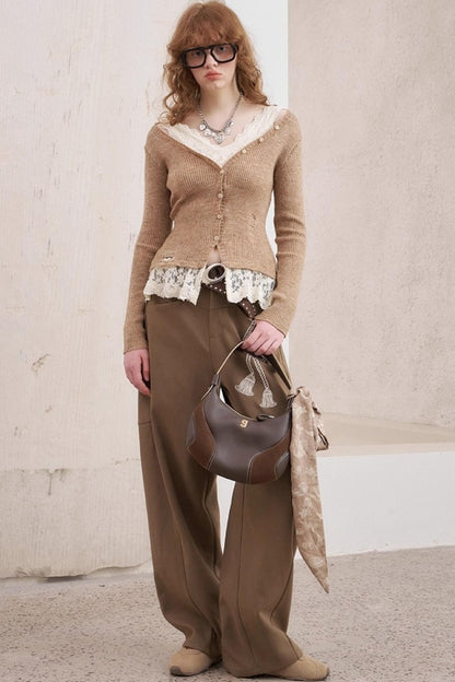 Lace Panel V-Neck Knitted Cardigan