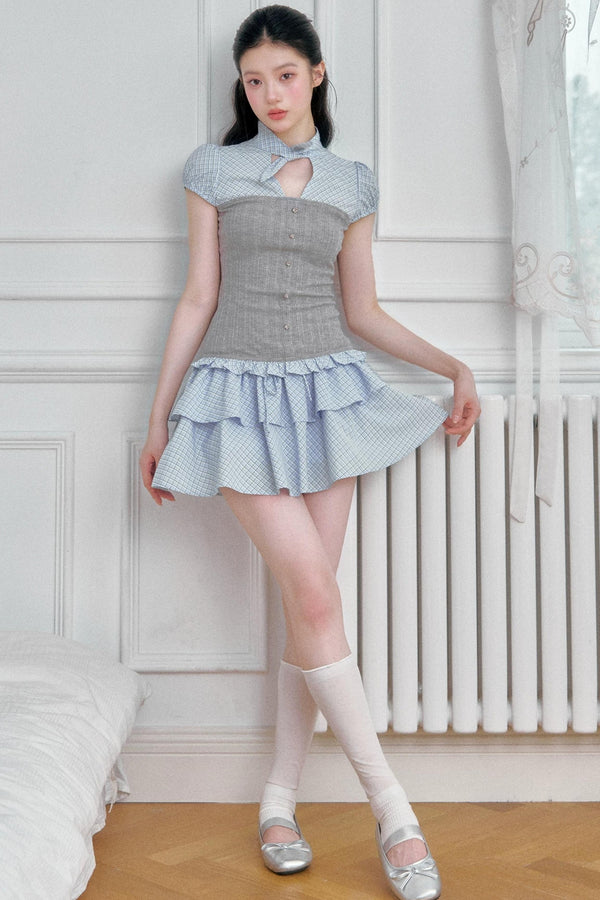 Plaid Patchwork Blouse and Skirt Set-Up