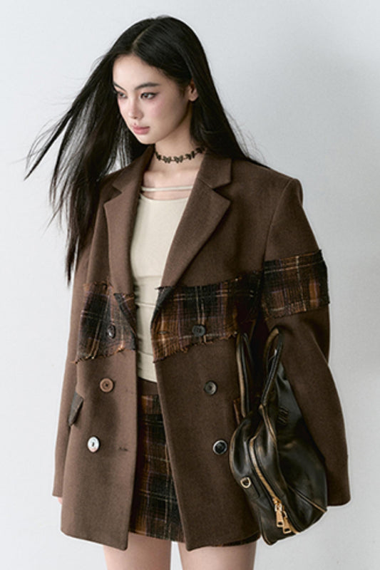 VIAPITTI Heavy Plaid Stitching Design Mantel Midi Women's Herbst und Winter Premium Jacke mit Wolle Jacke