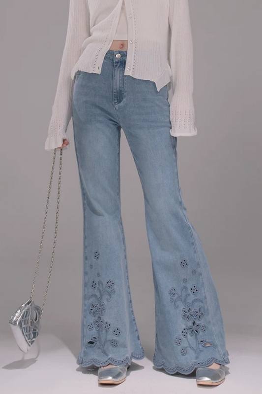 Laser Embroidery Washed Denim Pants