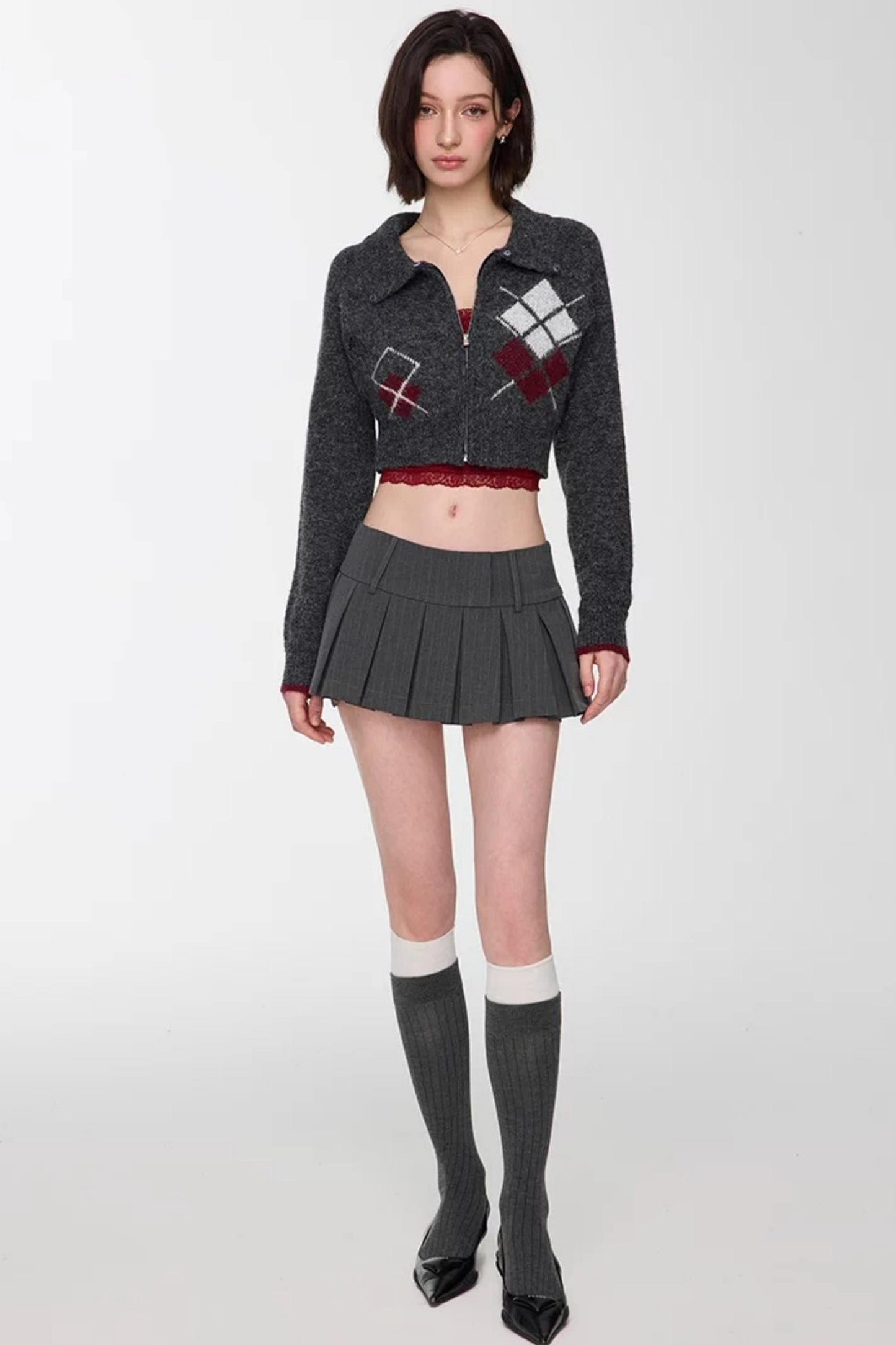 Gray Striped Pleated Skirt