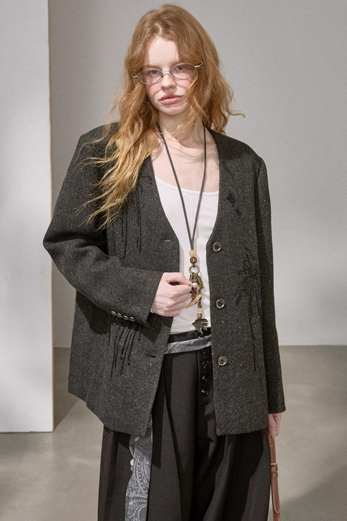 High-Density Beaded V-Neck Jacket