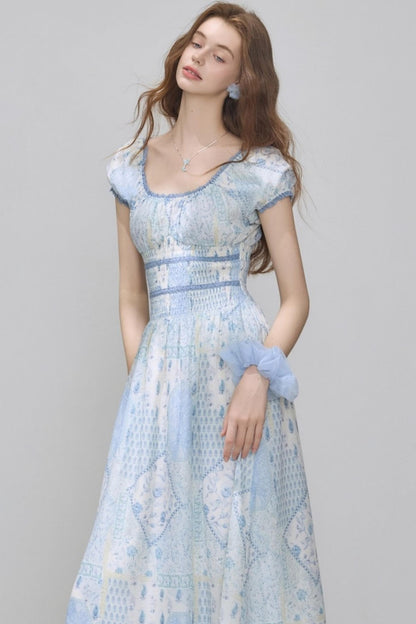 Puff Sleeves Waist Slim Long Dress