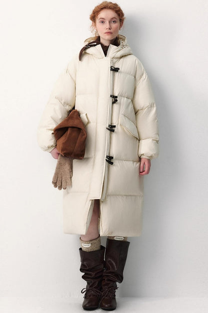Hooded Horn Button Long Down Jacket