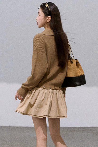 Wool V-Neck Detachable Skirt Dress