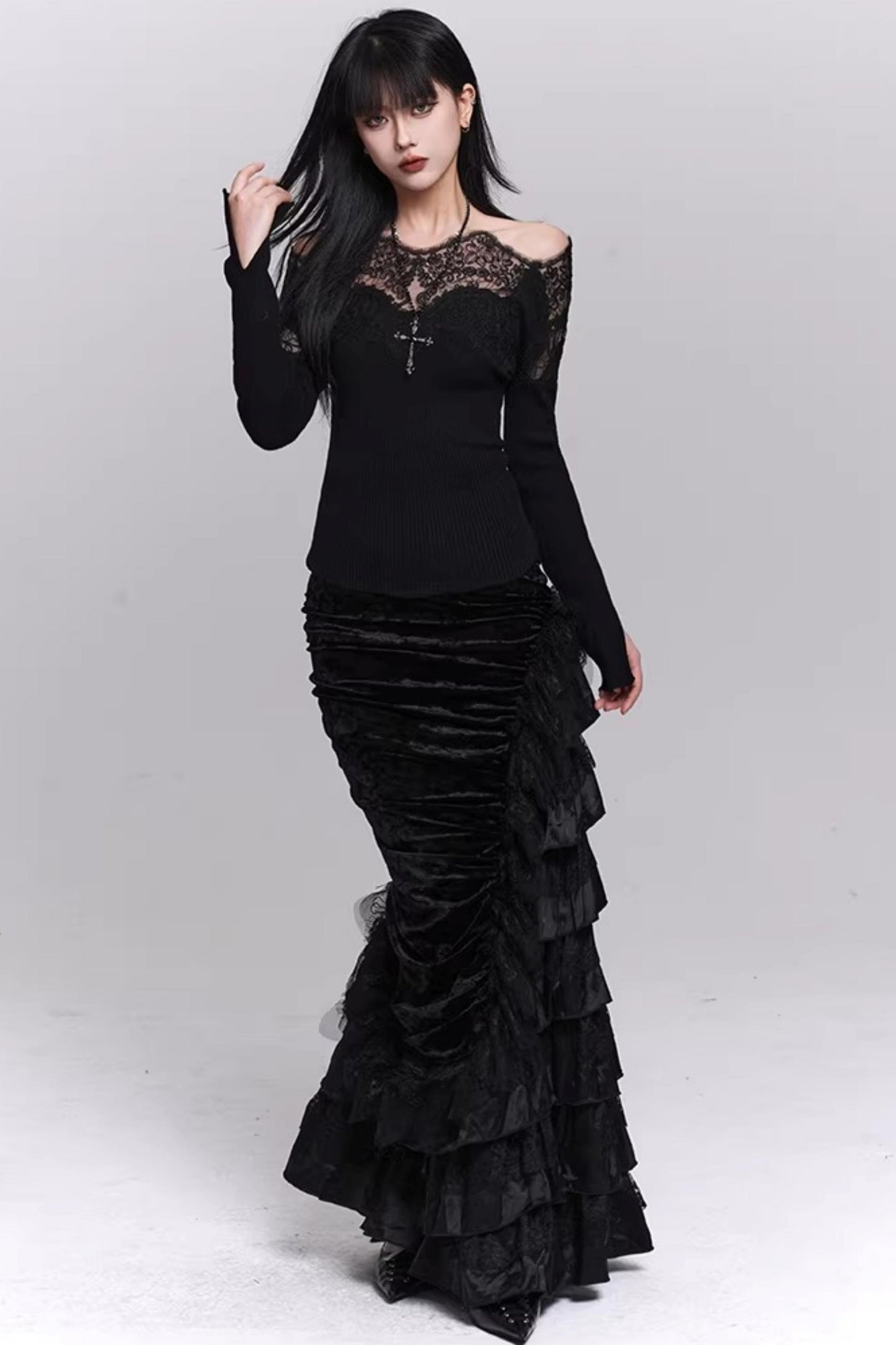 Black Velvet Fishtail Skirt