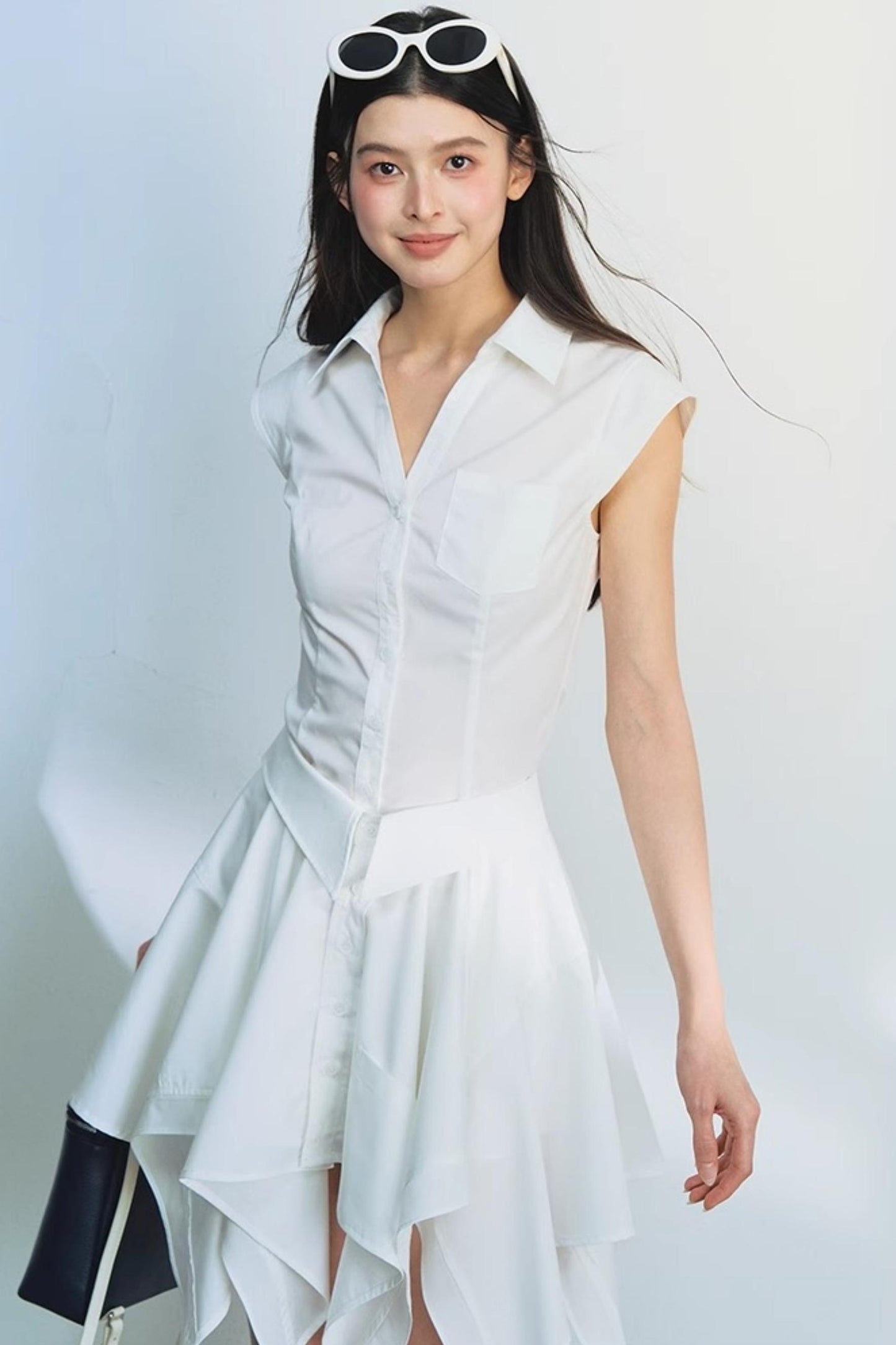 White Dash Sleeve Waist-Trim Shirt Set-Up