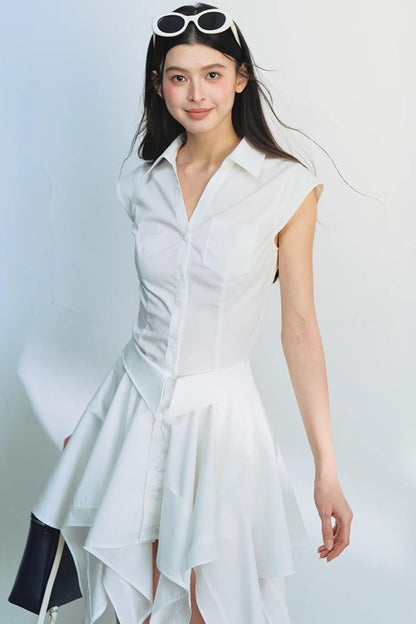 White Dash Sleeve Waist-Trim Shirt Set-Up