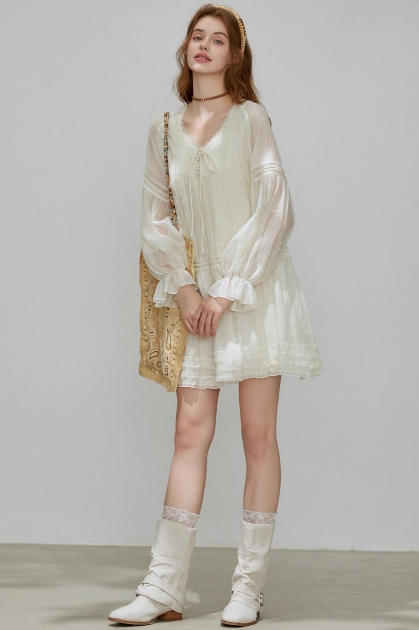 Lyocell Tencel V-Neck A-Line Short Dress