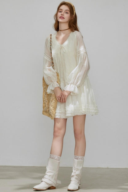 Lyocell Tencel V-Neck A-Line Short Dress