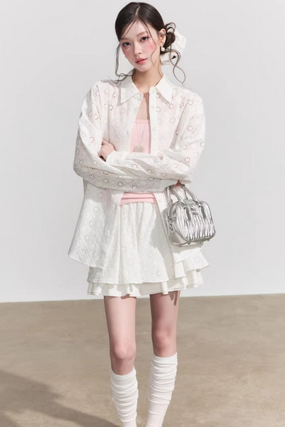 Elegant Hollow-Out Lace Blouse & A-Line Skirt Set-Up