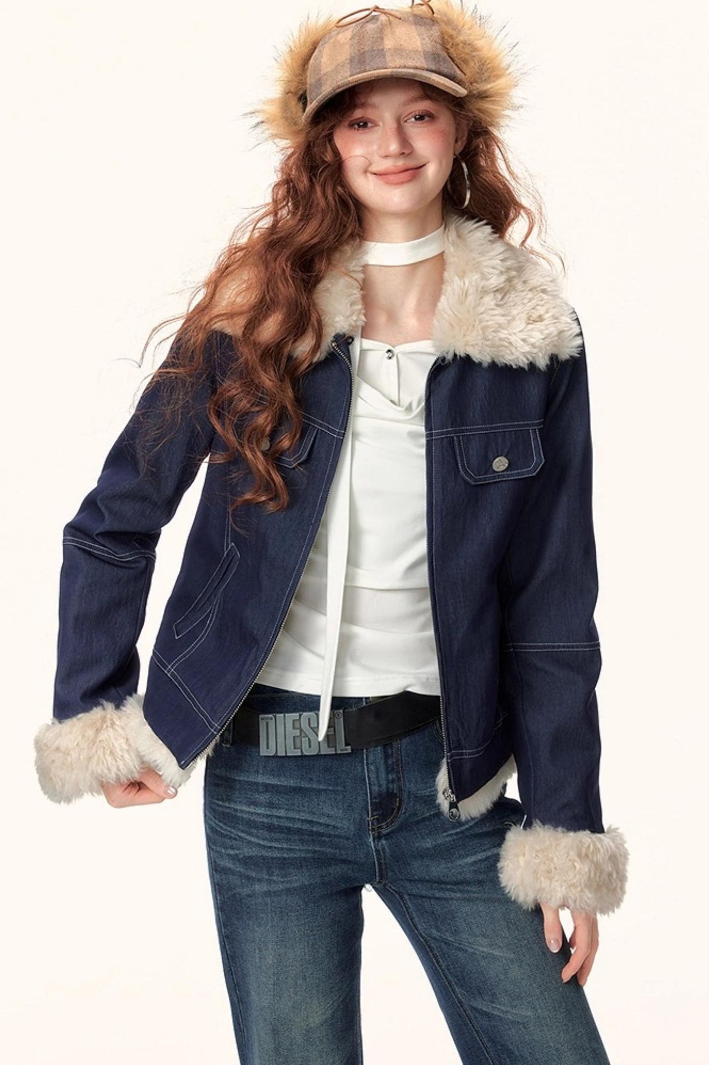 Denim Plush Lapel Jacket