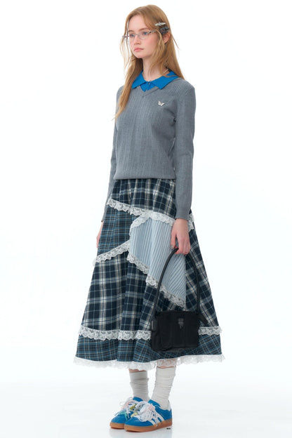 Niche Design Plaid Lace Patchwork Skirt