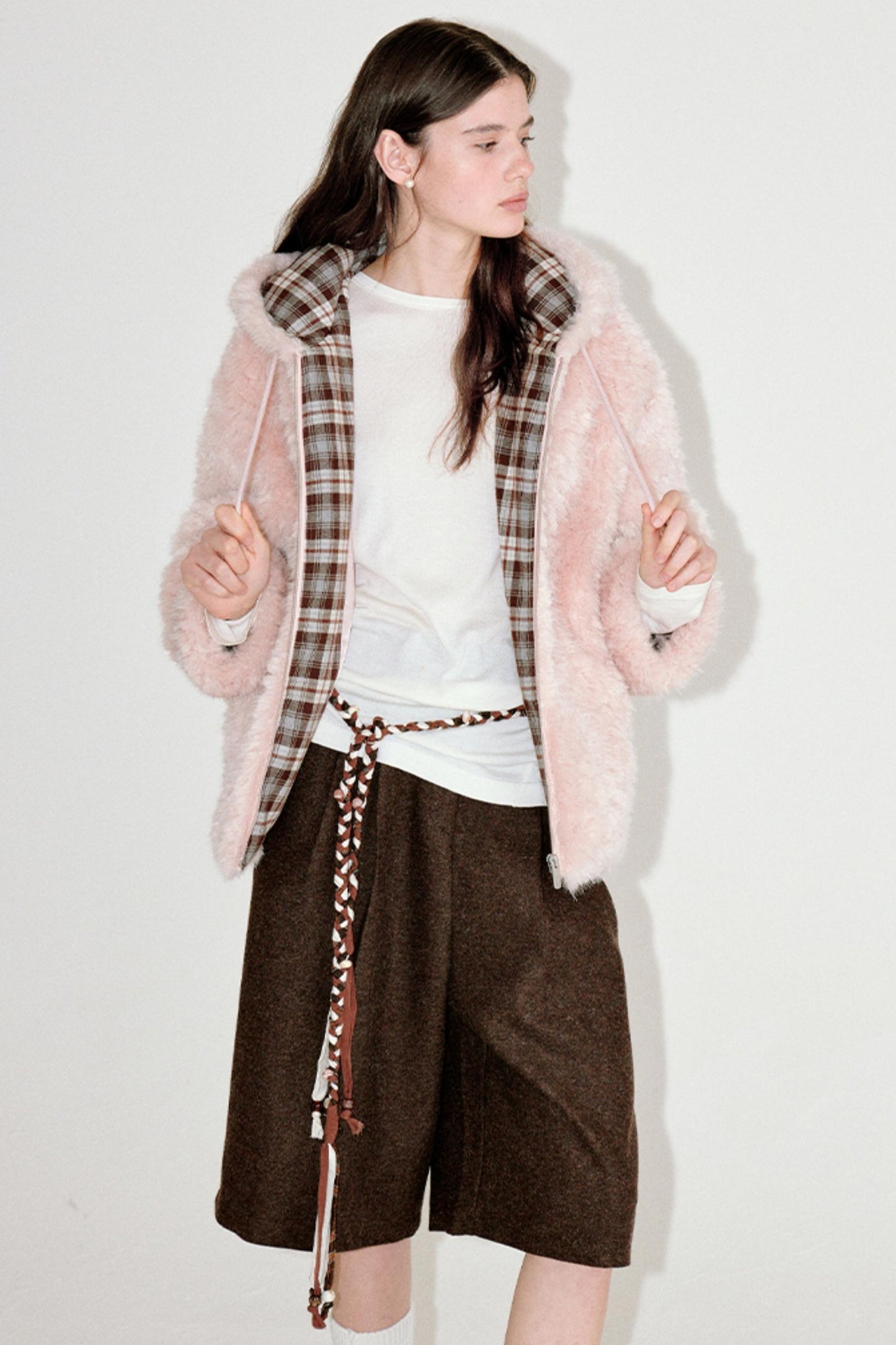 Pink Plaid Patchwork Hooded Coat