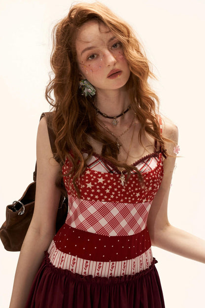 Star Plaid Patchwork Slip Dress