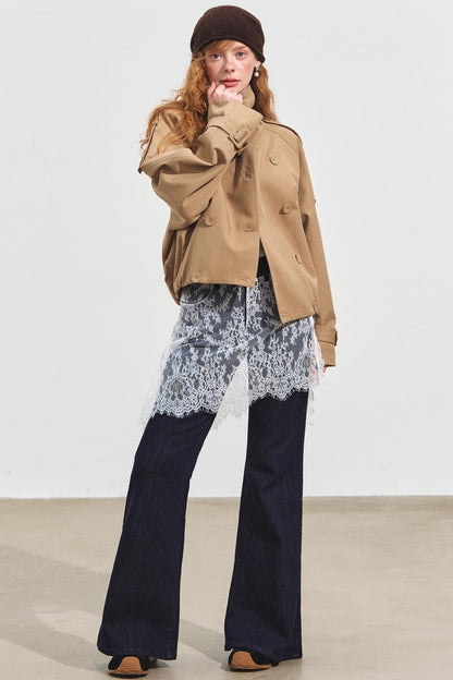 Slanted Stand-Up Collar Cropped Trench Coat