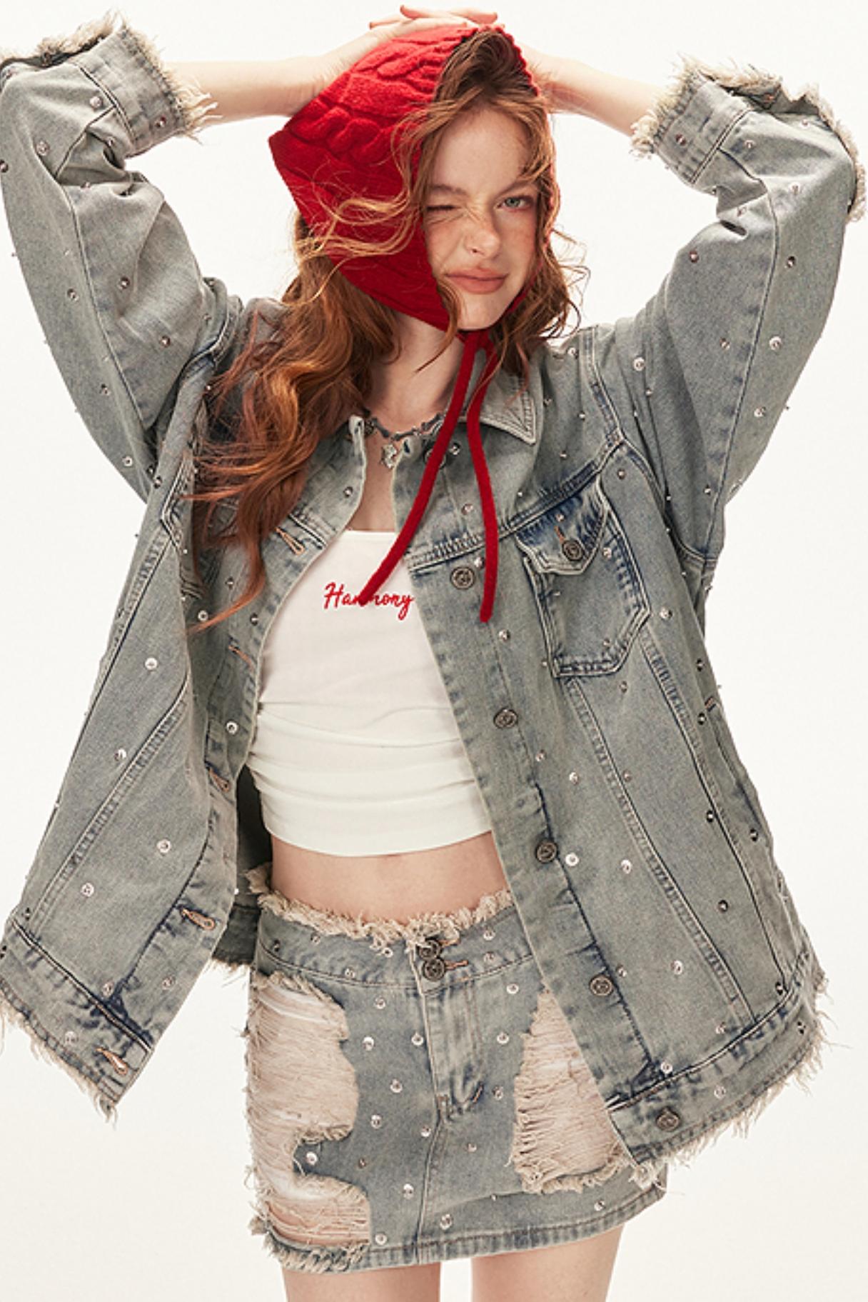 Denim Studded Jacket With Short Skirt Set-Up