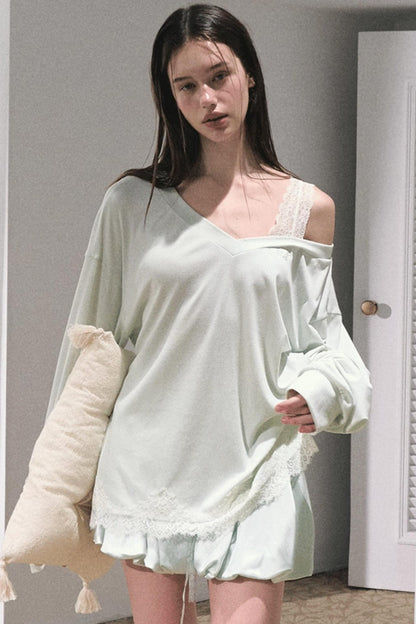 Greenery Lace Slanted Pullover Sweatshirt