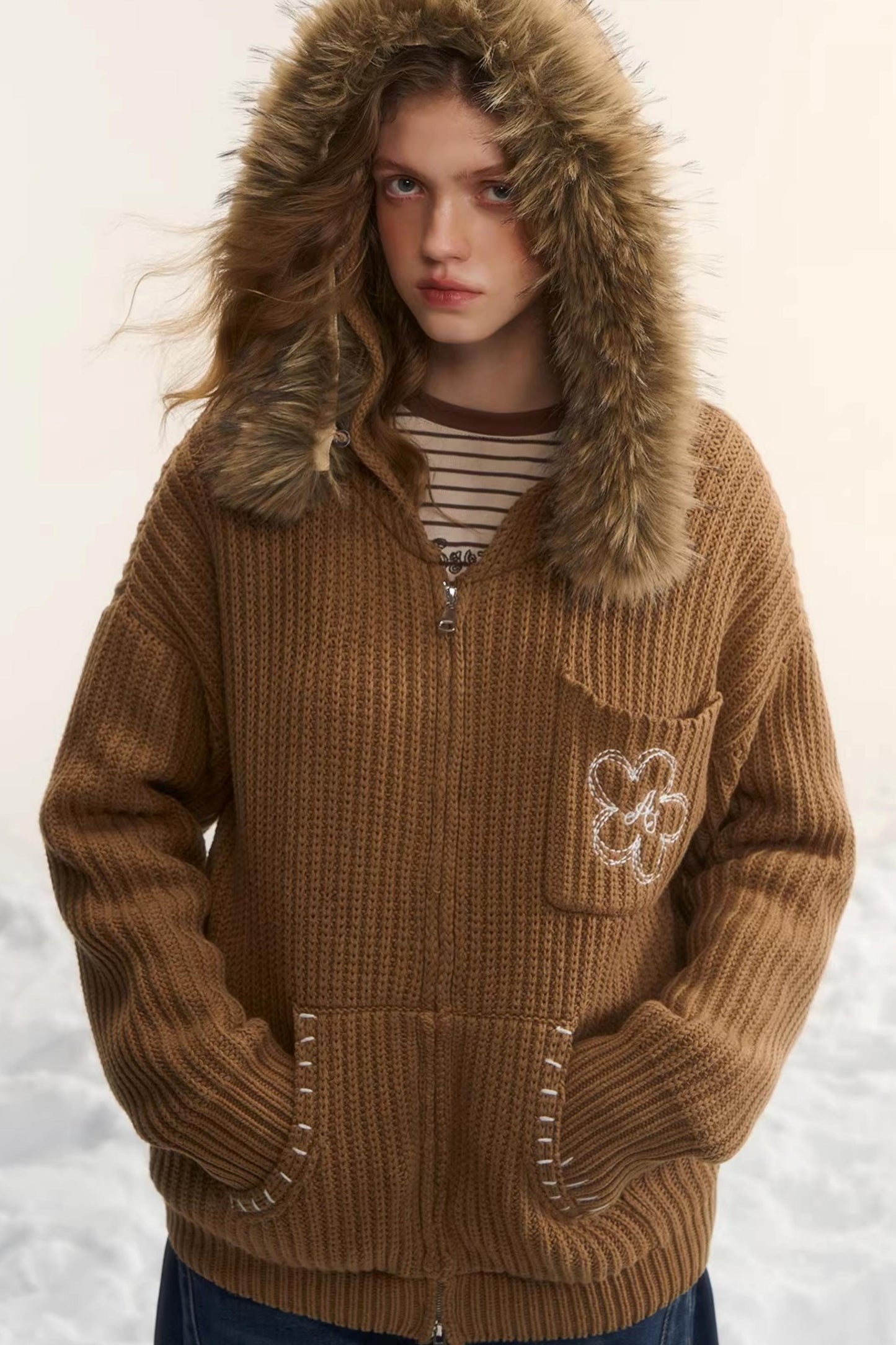 Detachable Fur Hooded Cardigan