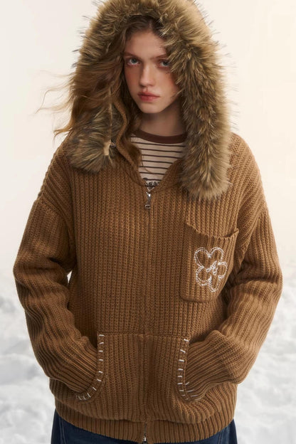 Detachable Fur Hooded Cardigan