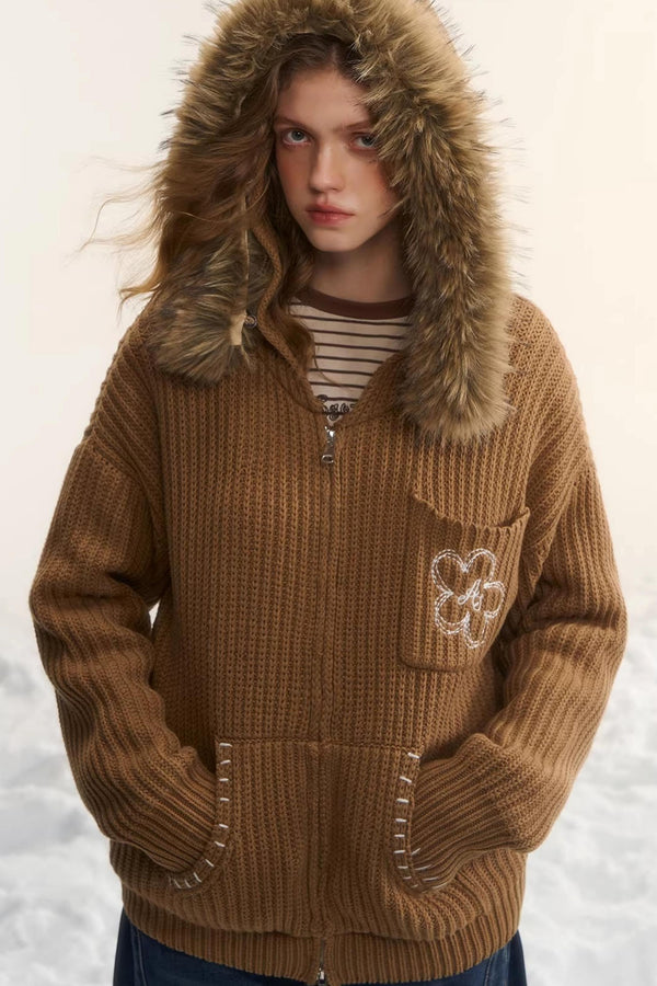 Detachable Fur Hooded Cardigan