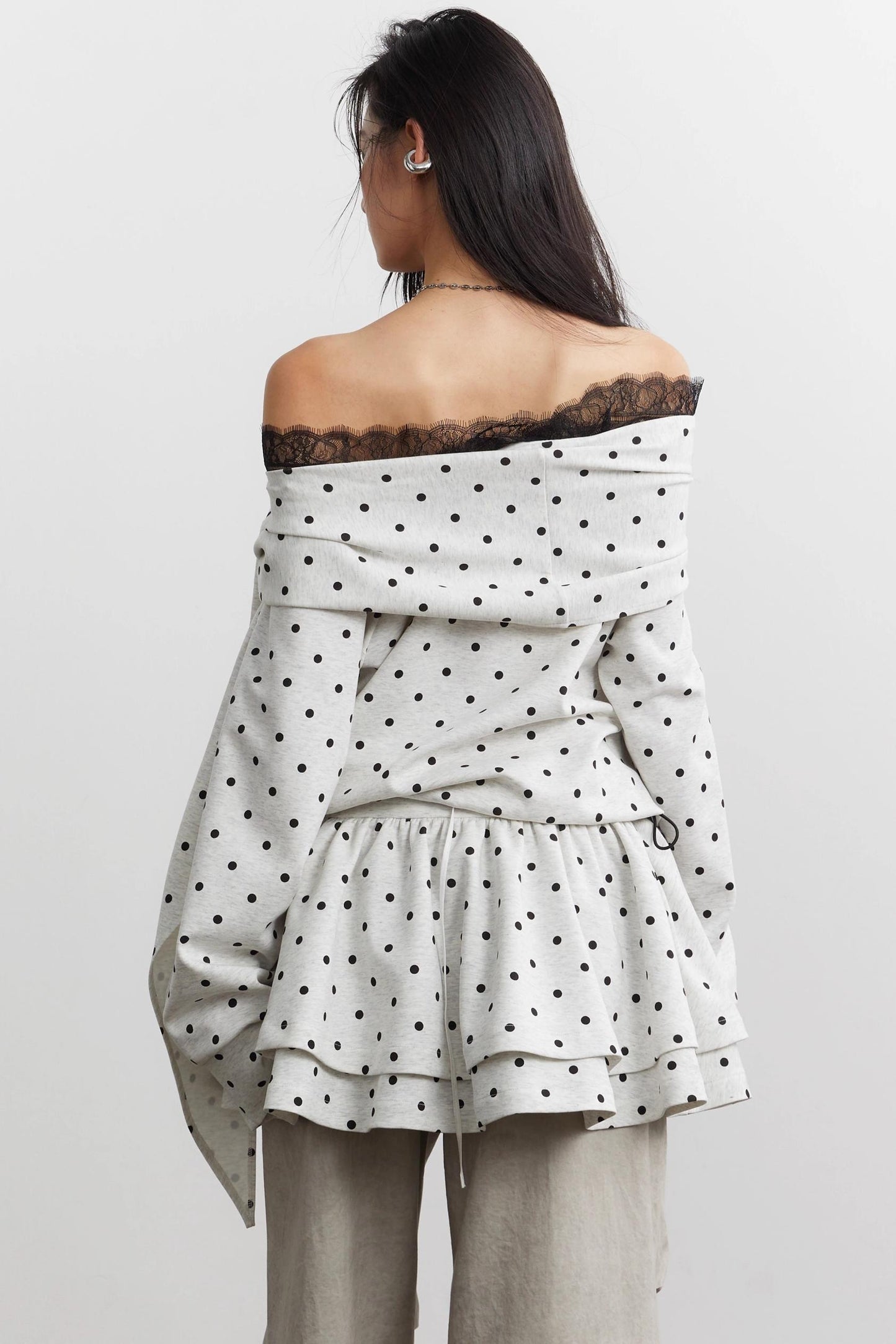 Lace-Up Polka Dot Sweatshirt Set-Up