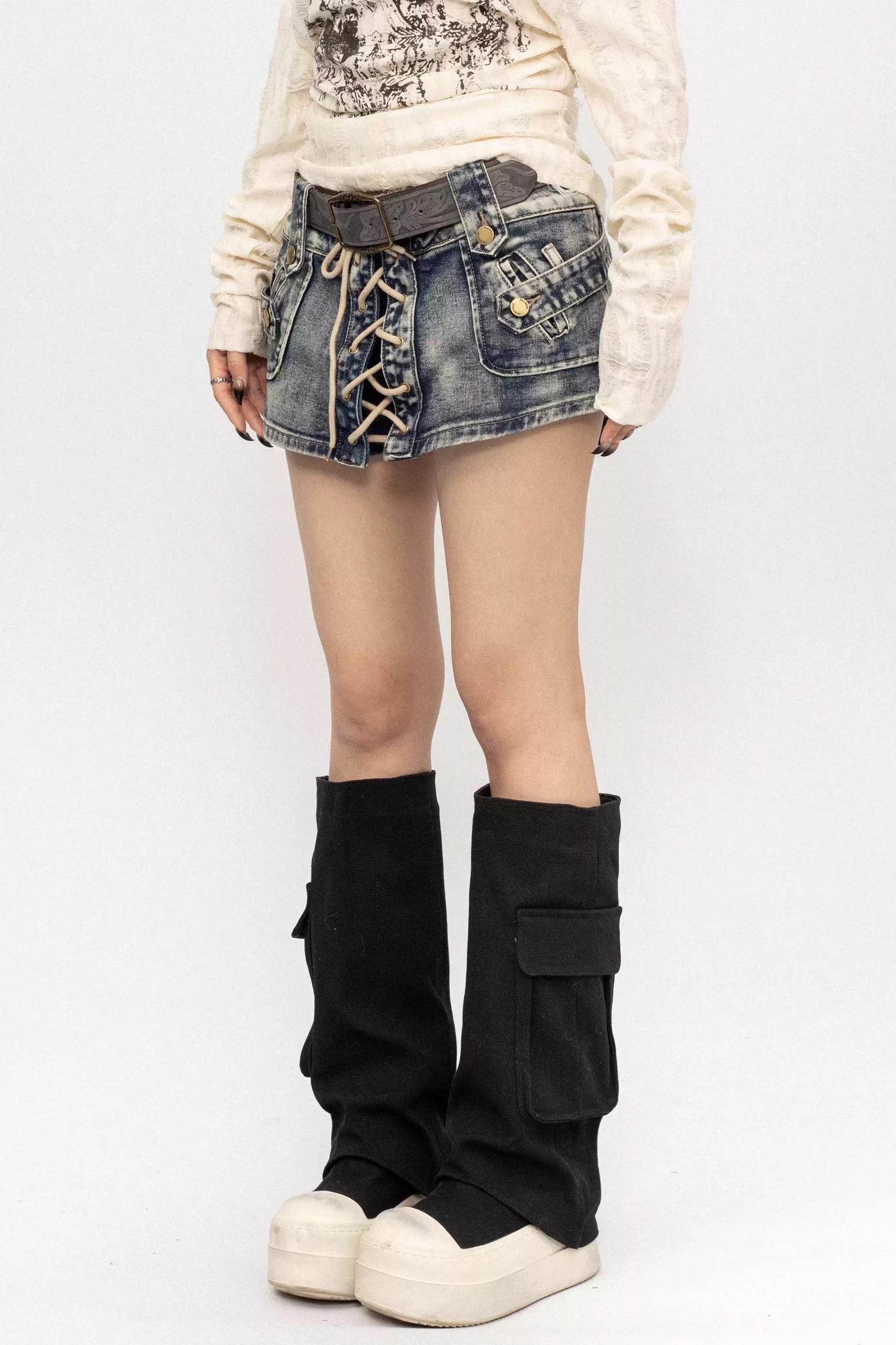 Retro Lace-Up Denim Skirt