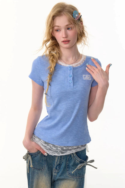 Lace Patchwork Fitted Two-Layer T-Shirt