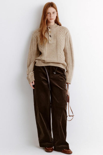 Natural Wooden Horn Buckle Knit Sweater