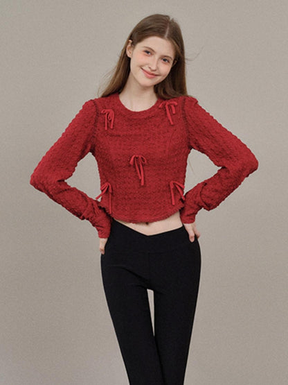 [8.7 20 Uhr neu] French Design Sense Langarm Schleife Rot Pendler Crew Neck Pullover stricken