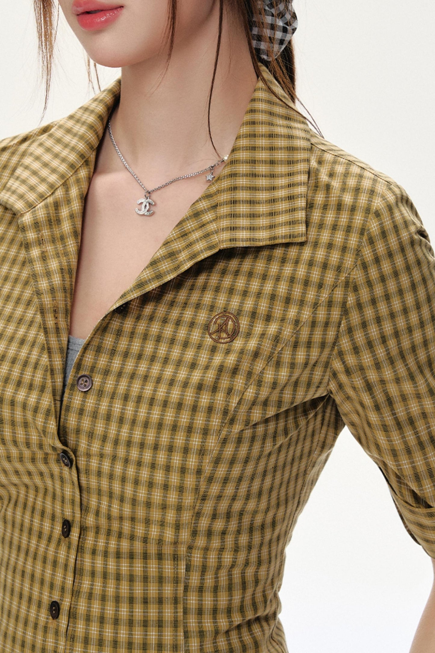 Slim Fit Mid-Sleeve Checked Top Set-Up