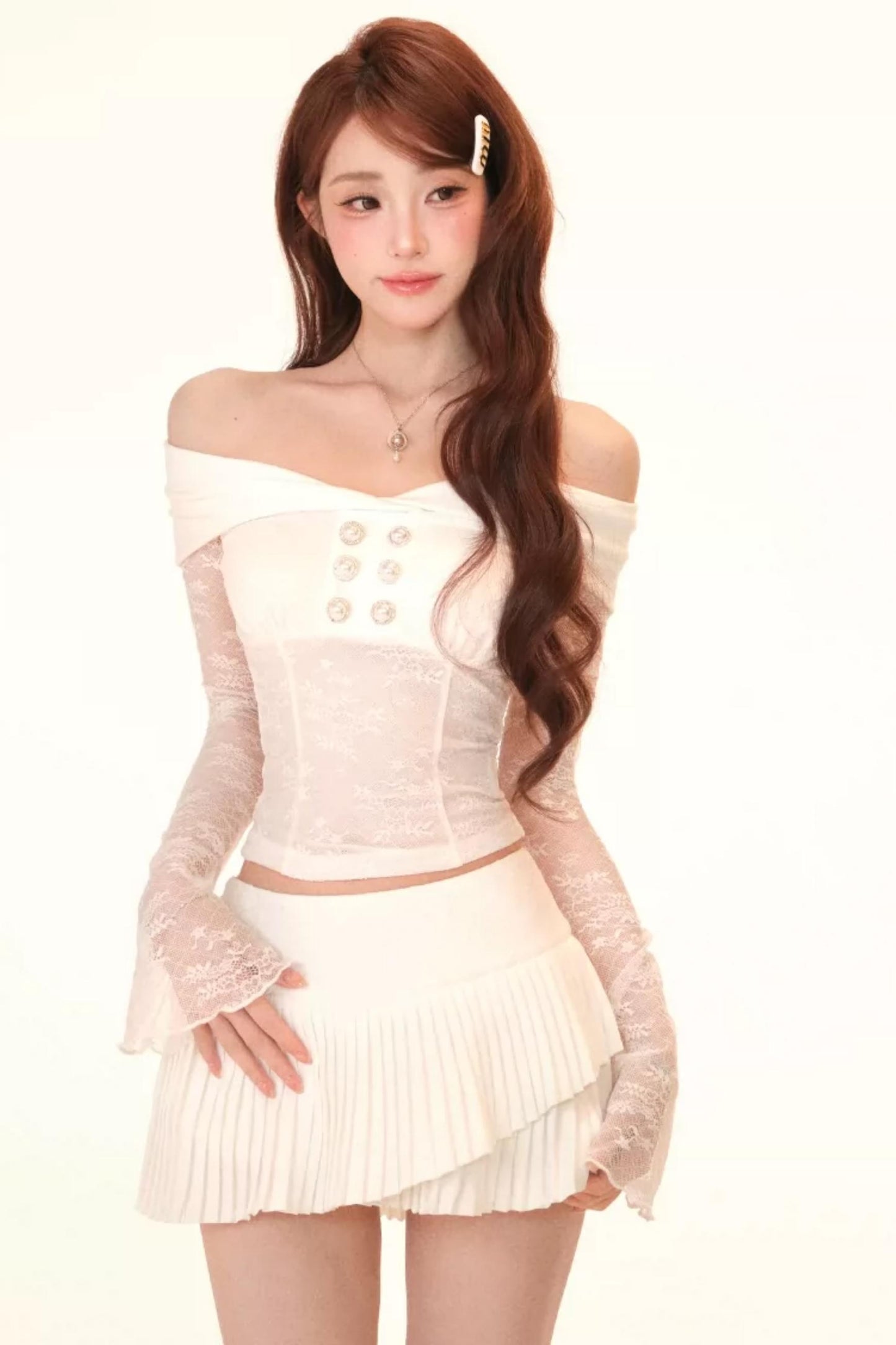 Completo Top e Gonna Patchwork in Pizzo Tè Bianco