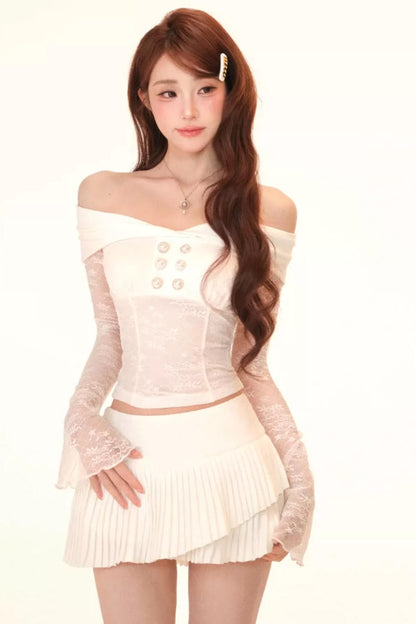 Completo Top e Gonna Patchwork in Pizzo Tè Bianco