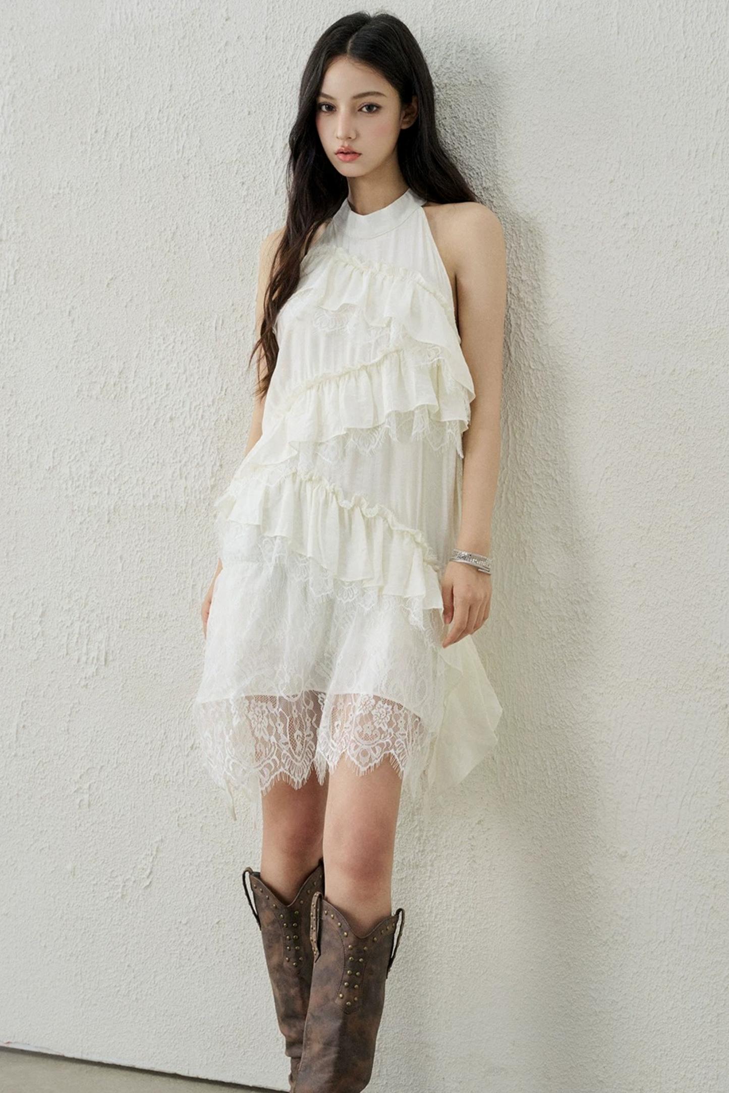 Apricot Lace Ruffle Dress