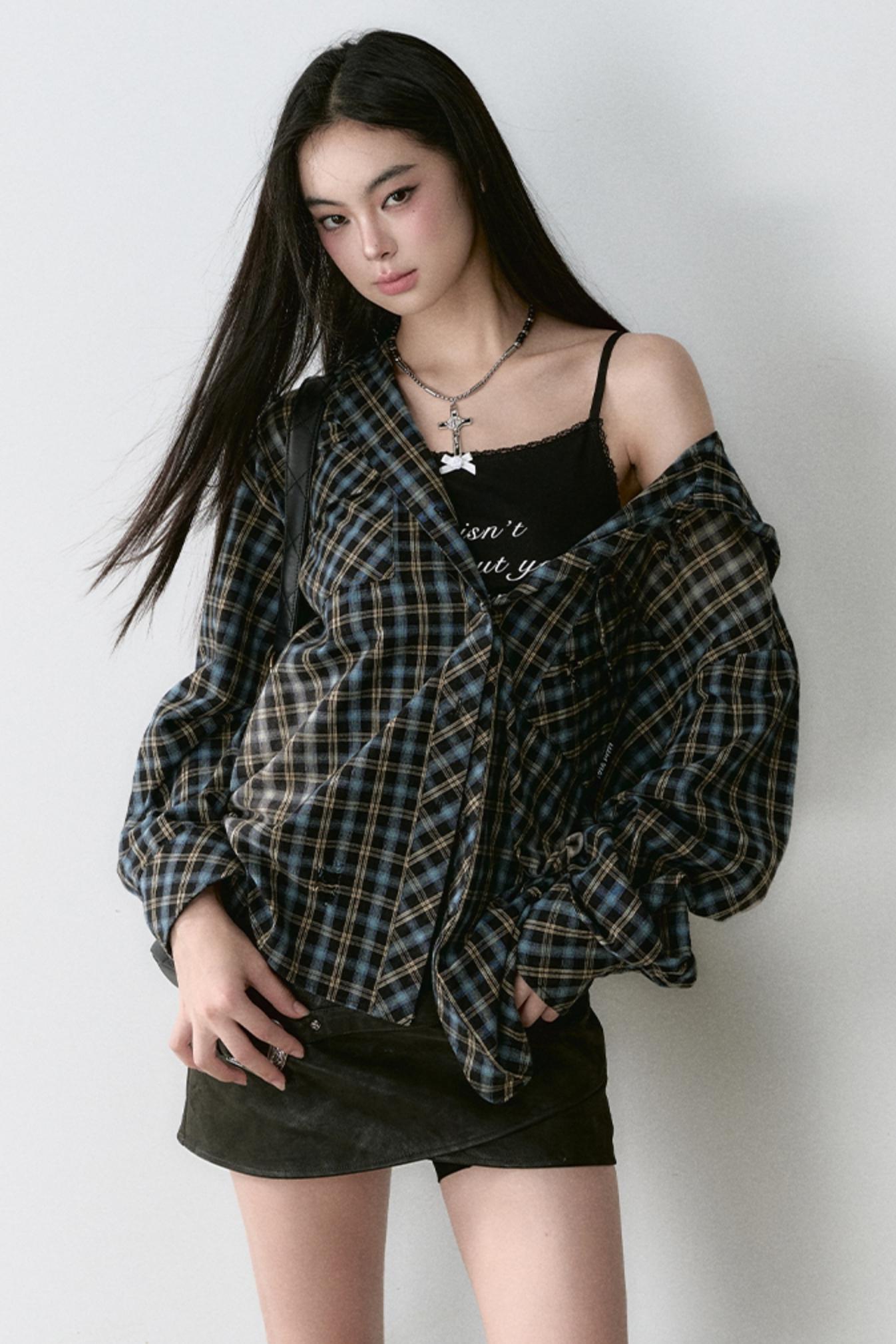 VIAPITTI Design Sense Heavy Work Washed Distressed Hooded Plaid Shirt Women's Autumn Loose Versatile Shirt Jacket