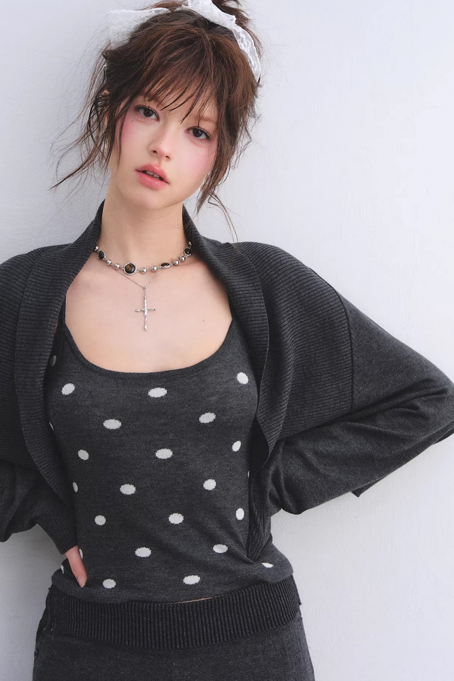 Lyocell Polka Dot Cardigan Camisole Set-Up